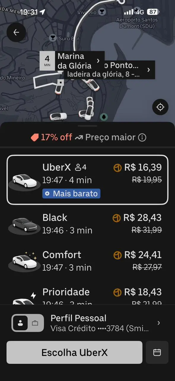 App do Uber mostrando preço antes — R$ 16,39