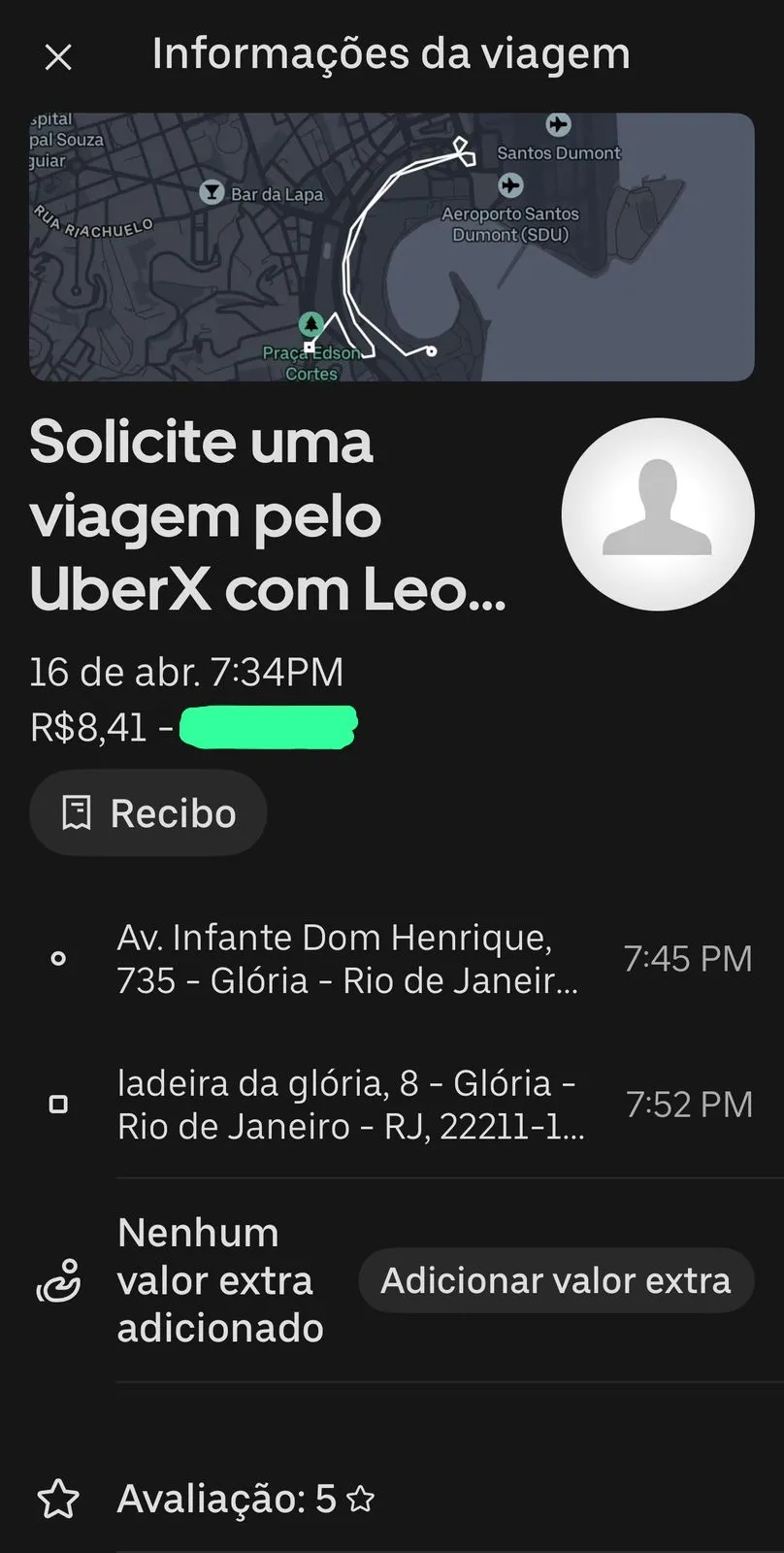 Recibo da corrida mostrando valor final — R$ 8,41